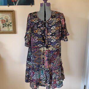 H.A.C. L Mini Dress Mix Print Boho Tiered Tassel Ruffle Sleeves Resort Vacation